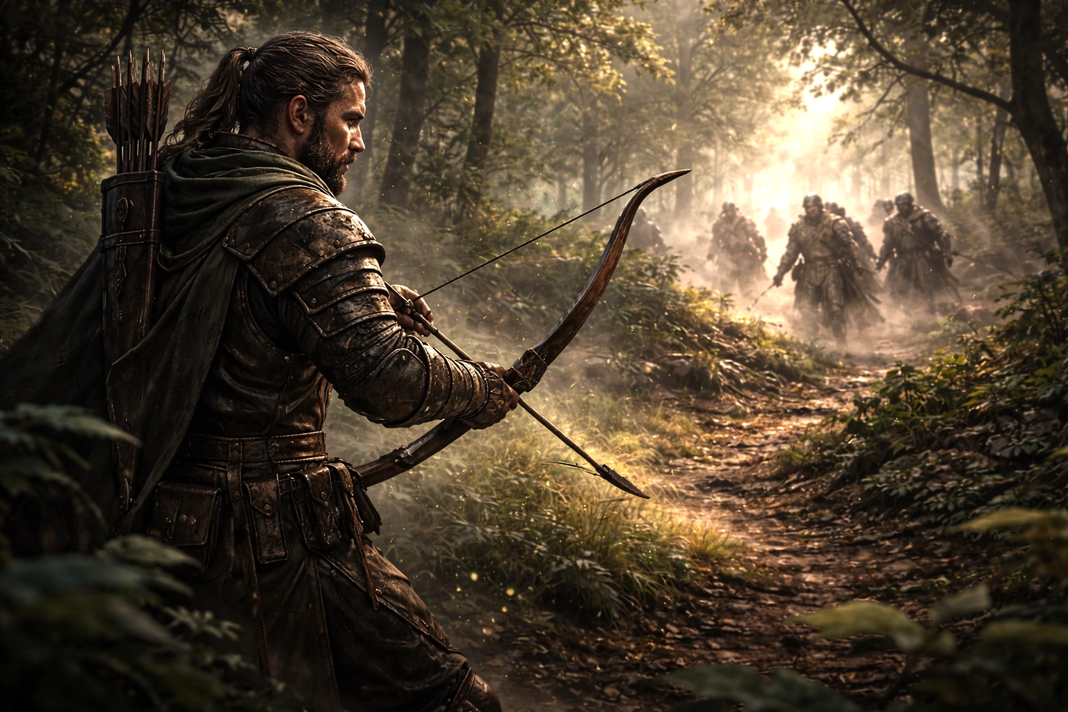 A focused ranger aiming a bow in a forest battlefield, representing a balanced and tactical D&D 2024 ranger build.