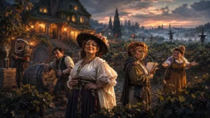 The Snobeedle halfling family gathered outside their vineyard meadery in Undercliff.