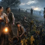 The Stoutfellow family standing in their haunted vineyard outside Waterdeep at dusk.