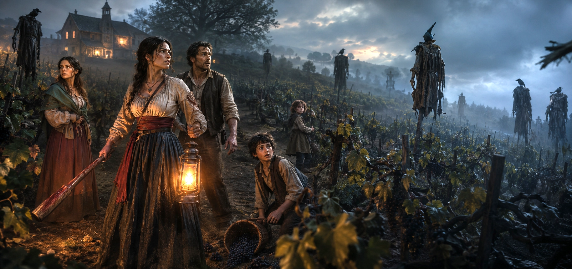 The Stoutfellow family standing in their haunted vineyard outside Waterdeep at dusk.