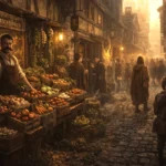 Appleton family grocer shop in Trollskull Alley with Artis Appleton and his sons subtly watching the street in Waterdeep