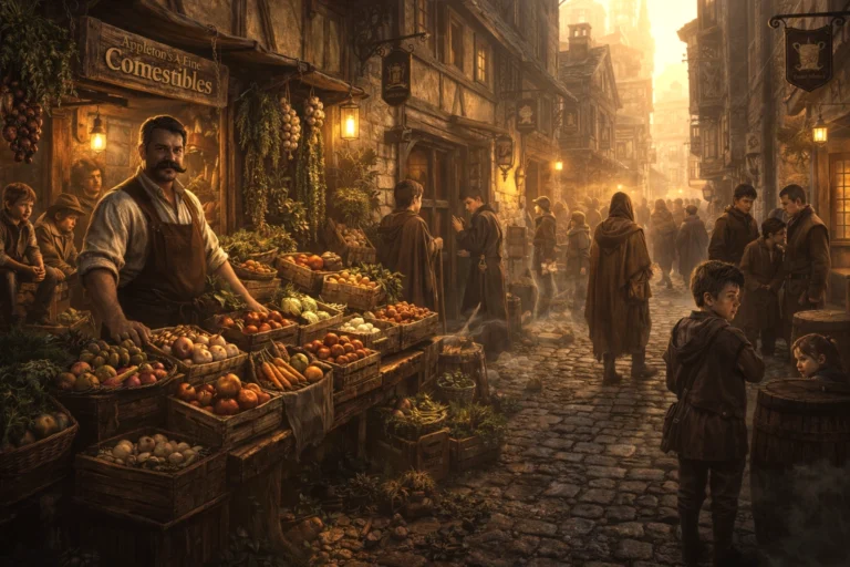 Appleton family grocer shop in Trollskull Alley with Artis Appleton and his sons subtly watching the street in Waterdeep