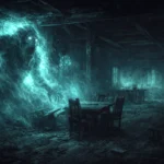 Ghostly troll specter forming inside a haunted tavern with shadowy blue-green light