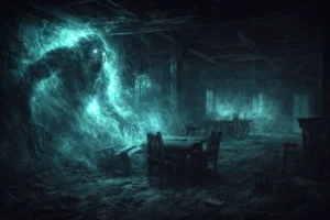 Ghostly troll specter forming inside a haunted tavern with shadowy blue-green light