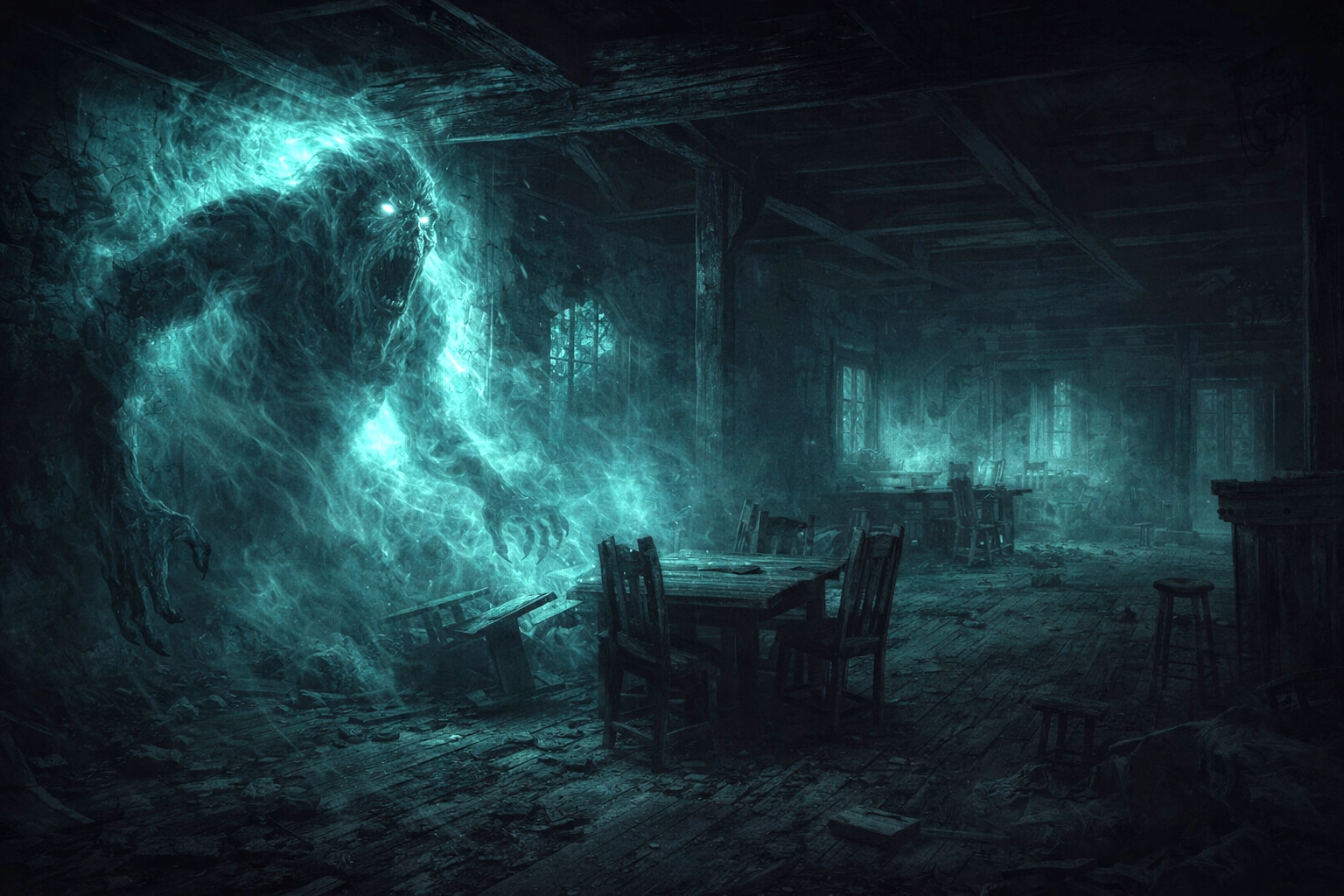Ghostly troll specter forming inside a haunted tavern with shadowy blue-green light