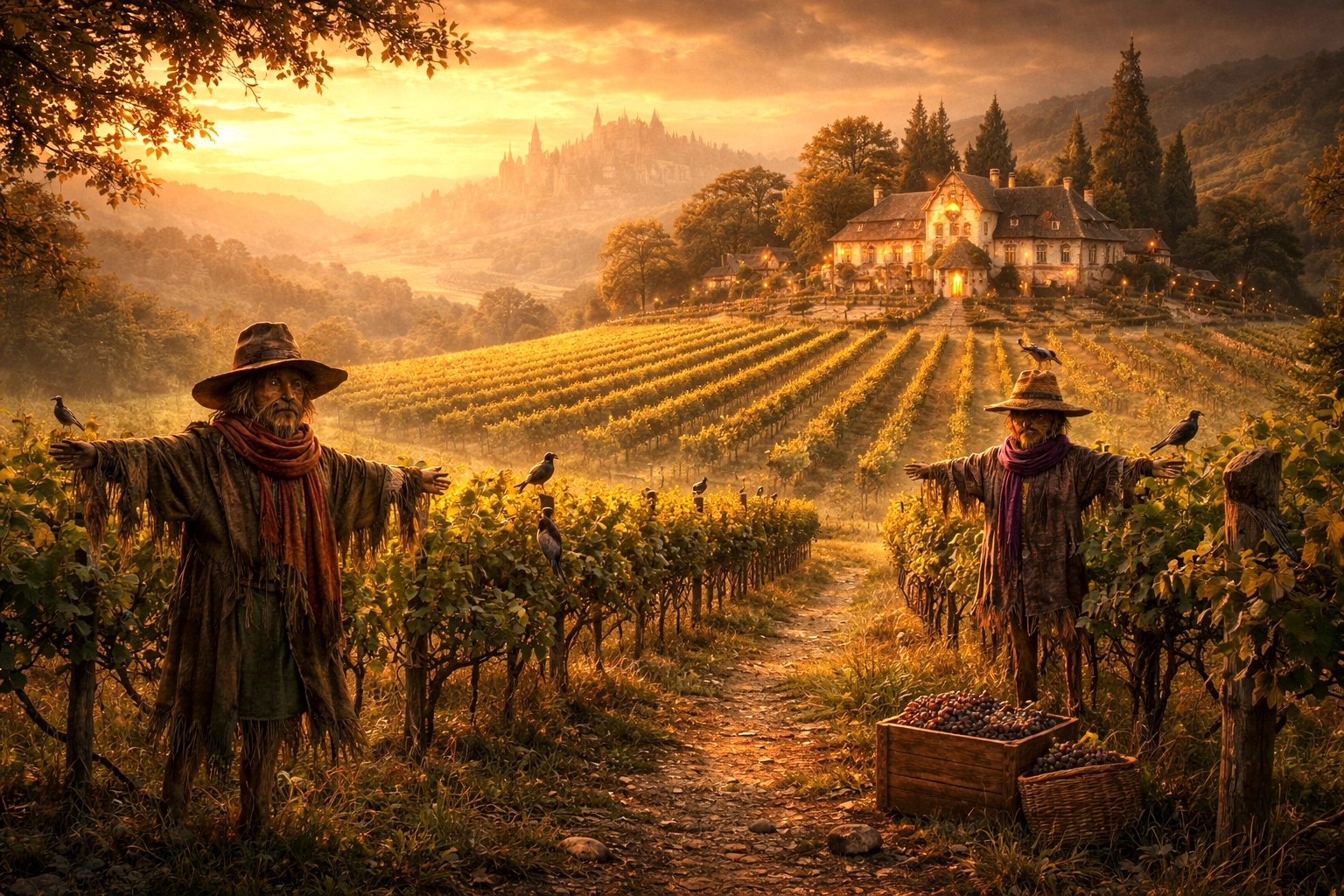 Vineyards and orchards in Undercliff outside Waterdeep with elegant scarecrows standing among the vines.