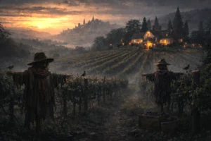 Scarecrows standing in a vineyard at dusk outside Waterdeep with a farmhouse and distant city skyline