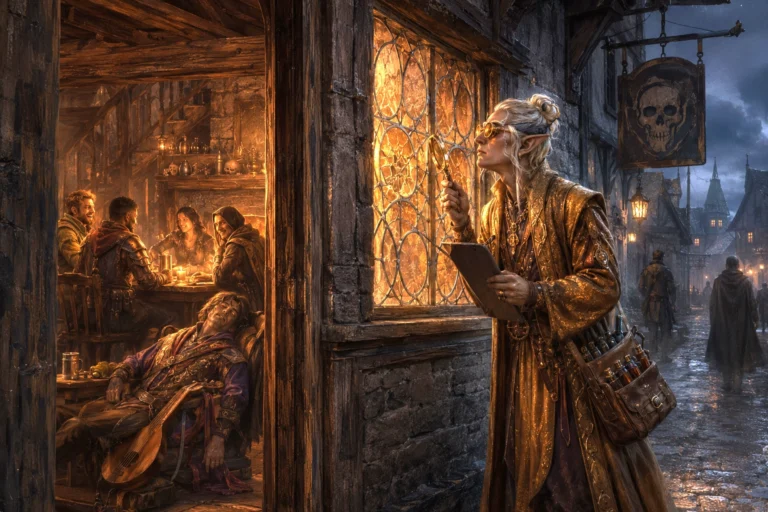 A flamboyant guild inspector examines the windows of Trollskull Manor while adventurers gather inside the haunted tavern at dusk in Waterdeep.