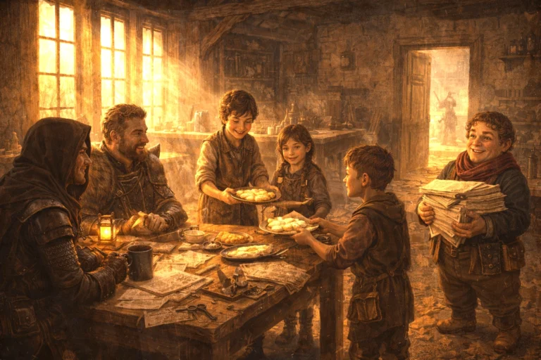 The urchins serve breakfast to adventurers inside Trollskull Manor while Broxley Fairkettle arrives with guild contracts.