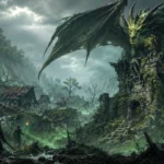 A massive green dragon overlooks ruined forest village towers while poisonous mist spreads below.