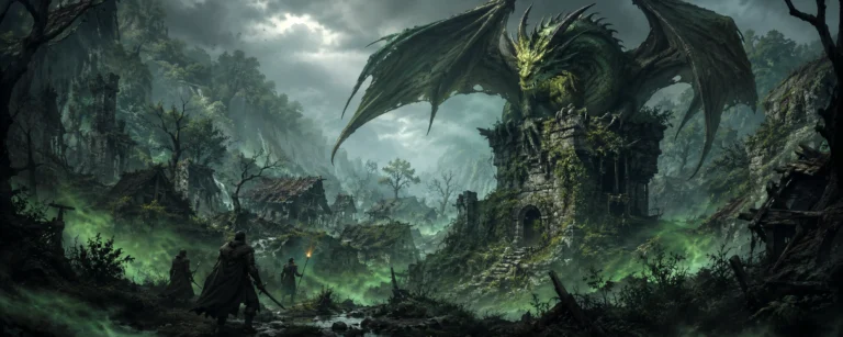 A massive green dragon overlooks ruined forest village towers while poisonous mist spreads below.