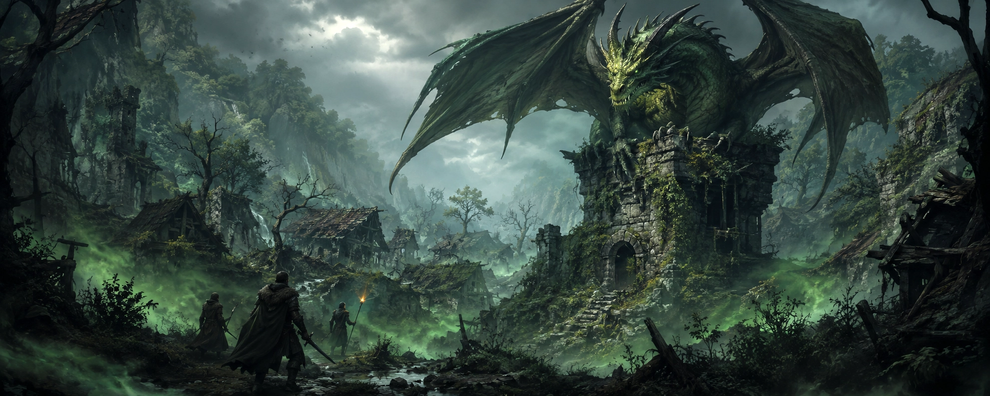 A massive green dragon overlooks ruined forest village towers while poisonous mist spreads below.