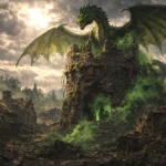 Green dragon Venomfang perched atop the ruined Old Tower in Thundertree as poison breath fills the tower below.