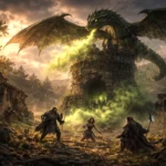 A green dragon circles a ruined tower in Thundertree while a party of adventurers stands below among scattered treasure.