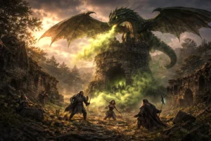 A green dragon circles a ruined tower in Thundertree while a party of adventurers stands below among scattered treasure.