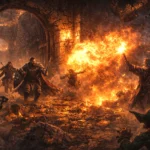 Adventurers breach Cragmaw Castle as a wizard casts Fireball during a goblin battle