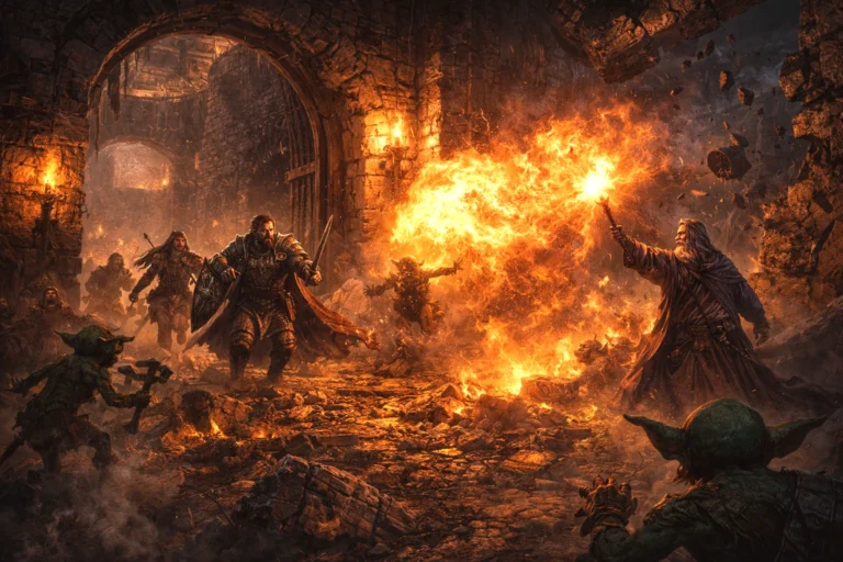 Adventurers breach Cragmaw Castle as a wizard casts Fireball during a goblin battle