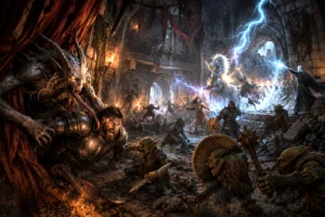 A Canoloth drags a wounded warrior through the ruined halls of Cragmaw Castle while Voxels & Valor battles goblins in a chaotic fantasy siege.