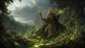 Circle of the Land Druid standing within a ring of living roots and wildflowers while channeling nature magic in a forest clearing.