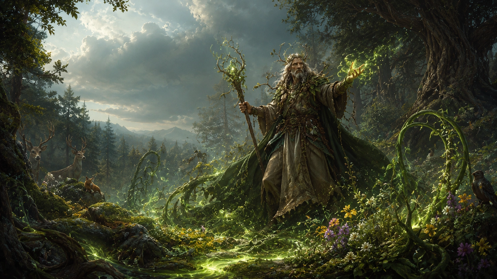 Circle of the Land Druid standing within a ring of living roots and wildflowers while channeling nature magic in a forest clearing.