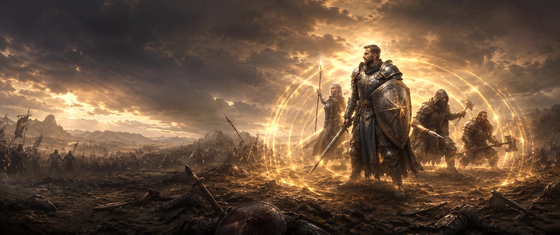 A heavily armored Oath of Devotion Paladin protects nearby allies with a radiant divine aura while standing firm on a battlefield in a D&D 2024 campaign.