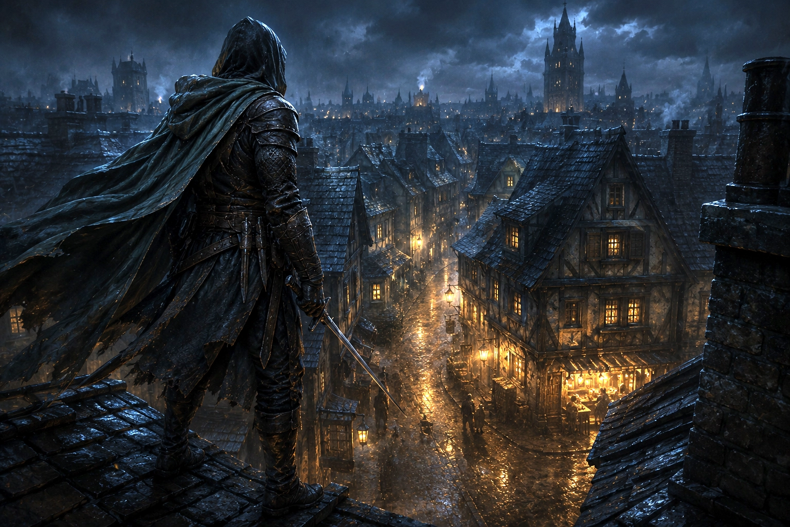 A hooded Rogue standing on a rooftop at night overlooking a medieval fantasy city with a rapier in hand.