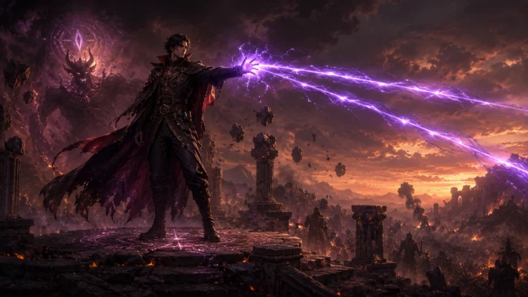 A Fiend Warlock channels Eldritch Blast while commanding infernal magic in this D&D 2024 campaign-ready character build guide.
