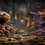 A Mimic Broodmother and Tapestry of Terror reveal themselves inside a ruined castle treasure chamber.