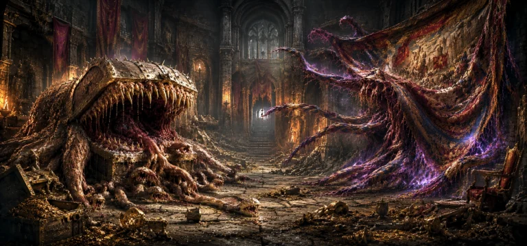 A Mimic Broodmother and Tapestry of Terror reveal themselves inside a ruined castle treasure chamber.