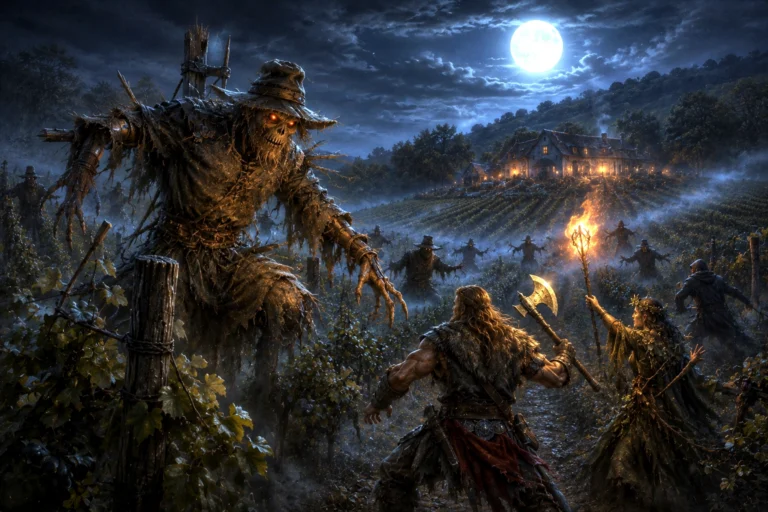 An animated scarecrow with glowing eyes stalks adventurers through a moonlit vineyard outside Waterdeep during a midnight battle in Undercliff.