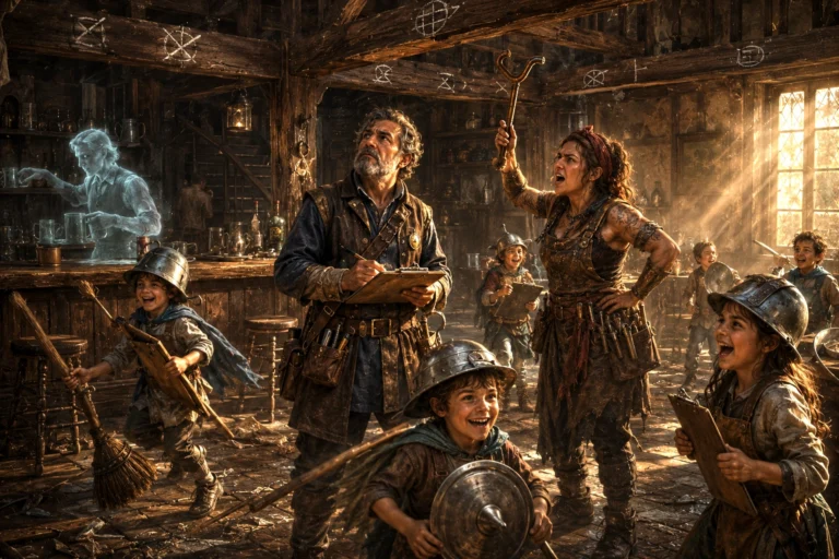 Guild inspectors and the Urchins crowd the interior of Trollskull Manor during chaotic repairs in Waterdeep.