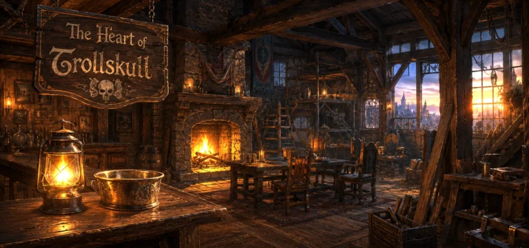 The Heart of Trollskull sign hanging above the hearth inside Trollskull Manor as the tavern slowly becomes a home in Waterdeep.