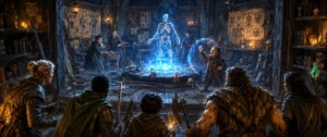 Five adventurers confront a rising undead creature inside a hidden necromancy classroom beneath Dandymop's Fine Wigs & Powder in Waterdeep while frightened students retreat behind overturned desks.