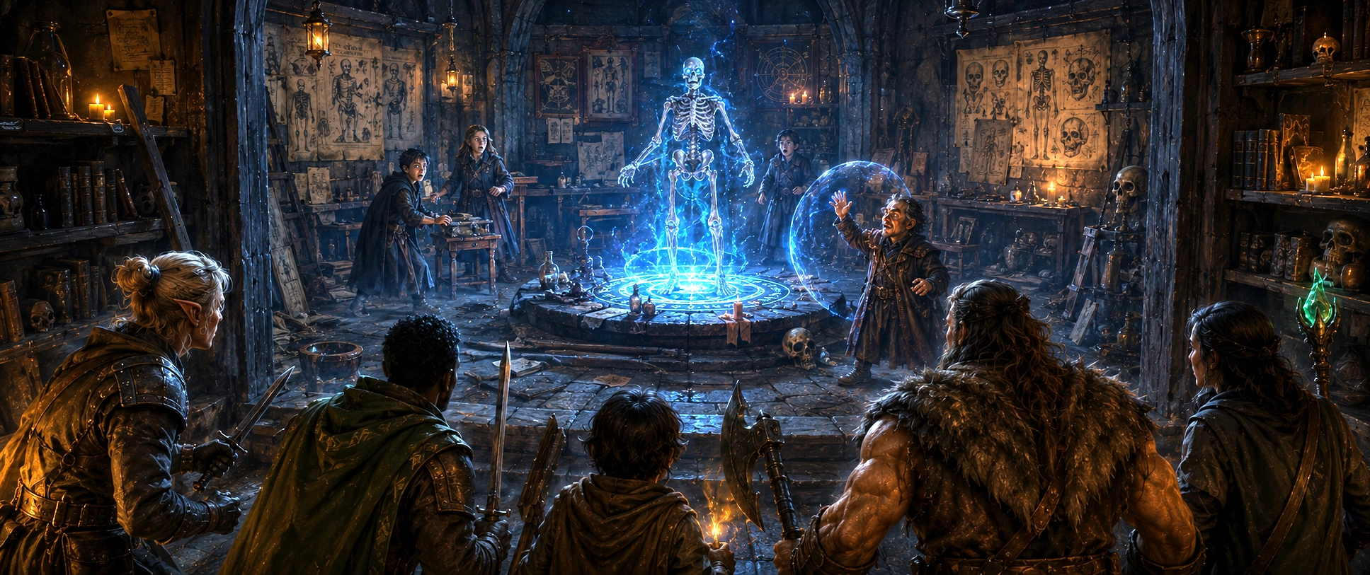 Five adventurers confront a rising undead creature inside a hidden necromancy classroom beneath Dandymop's Fine Wigs & Powder in Waterdeep while frightened students retreat behind overturned desks.