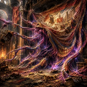 A living enchanted tapestry attacks from the wall of a ruined castle.