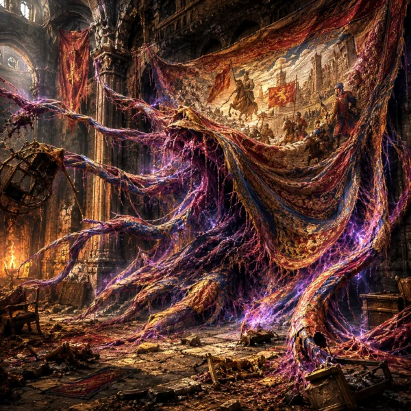 A living enchanted tapestry attacks from the wall of a ruined castle.