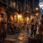Warm lantern-lit scene of Trollskull Alley in Waterdeep featuring Trollskull Manor, guild inspectors, neighborhood NPCs, and subtle supernatural elements.