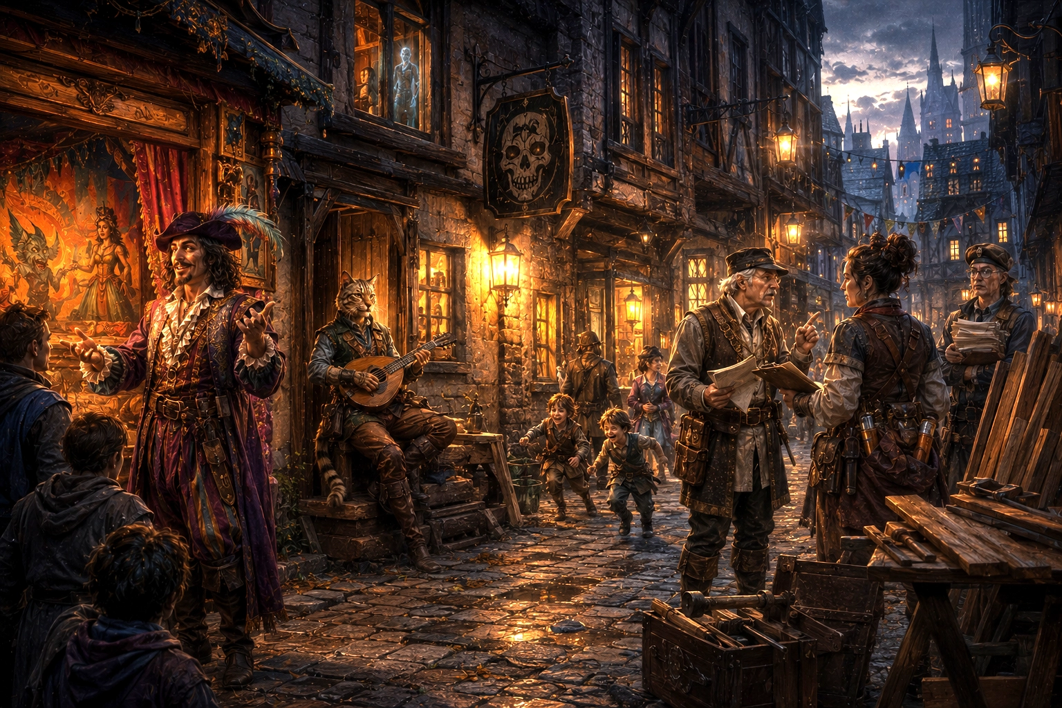 Warm lantern-lit scene of Trollskull Alley in Waterdeep featuring Trollskull Manor, guild inspectors, neighborhood NPCs, and subtle supernatural elements.