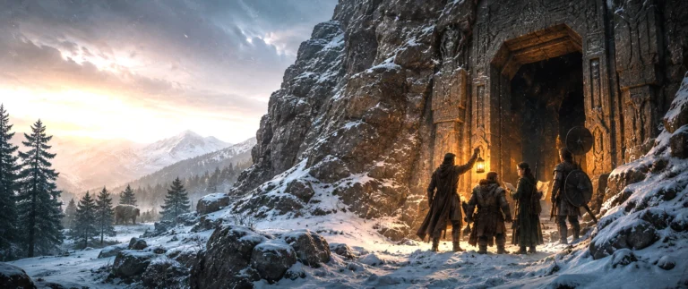 Adventurers discover the hidden entrance to Wave Echo Cave while preparing to explore the legendary Lost Mine of Phandelver.