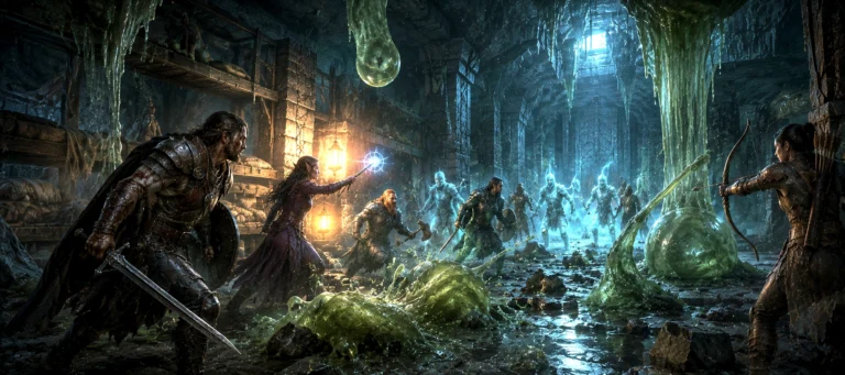 Adventurers battle undead spirits and splitting oozes deep within Wave Echo Cave during a dangerous expedition into the ancient dwarven mine.