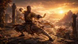 A disciplined monk stands ready in ancient temple ruins as mystical energy surrounds their martial stance at sunrise.