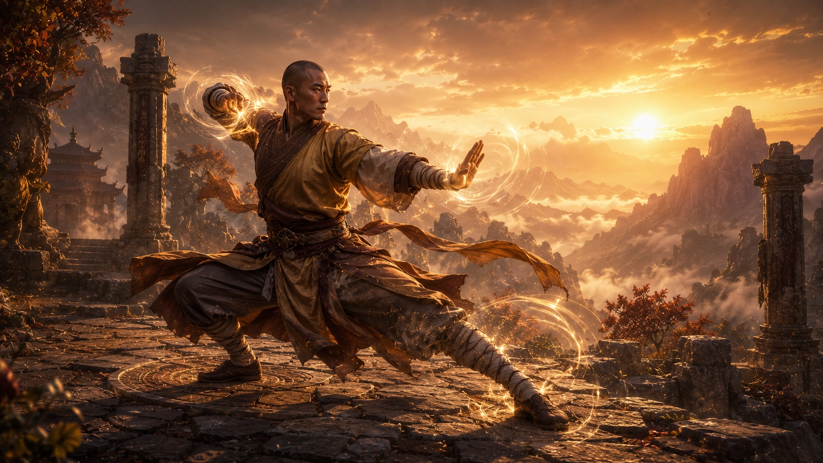A disciplined monk stands ready in ancient temple ruins as mystical energy surrounds their martial stance at sunrise.