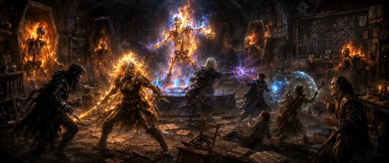 Flaming skeletons attack students inside a hidden necromancy classroom beneath Waterdeep while adventurers battle to contain the disaster.