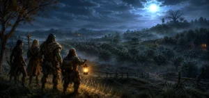 A group of adventurers cautiously approaches a lone scarecrow standing on a moonlit hill overlooking the orchards and farmlands of Undercliff outside Waterdeep.