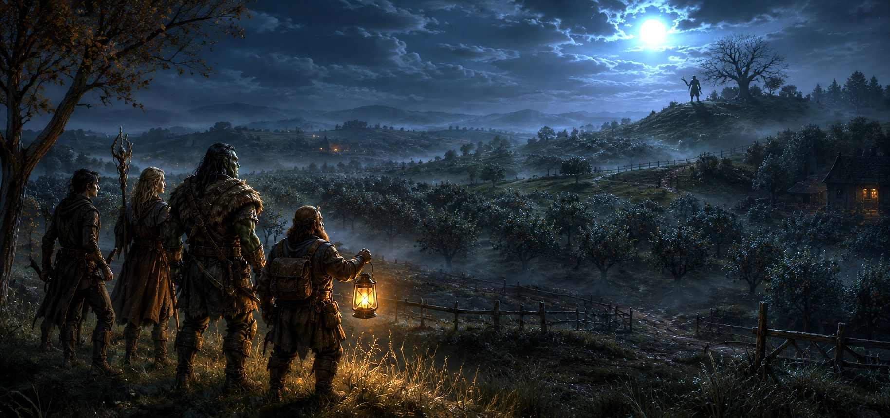A group of adventurers cautiously approaches a lone scarecrow standing on a moonlit hill overlooking the orchards and farmlands of Undercliff outside Waterdeep.