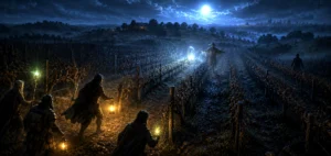Moonlit vineyards outside Waterdeep as adventurers hunt a mysterious scarecrow among rows of vines and deep shadows.