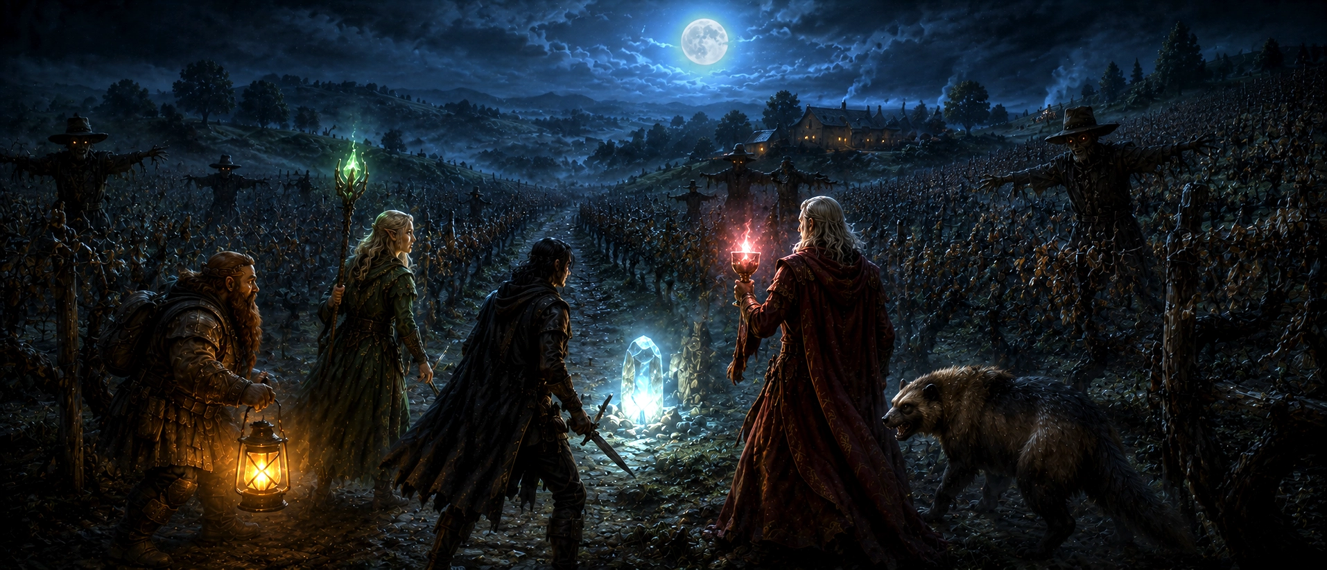 Adventurers investigate strange shadows among the moonlit vineyards of Stoutfellow Farm as animated scarecrows emerge from the darkness.