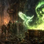 A Flameskull rises from a brazier in Wave Echo Cave as a spectral owl reaches toward it while a party of adventurers watches in surprise.