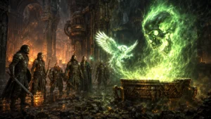 A Flameskull rises from a brazier in Wave Echo Cave as a spectral owl reaches toward it while a party of adventurers watches in surprise.