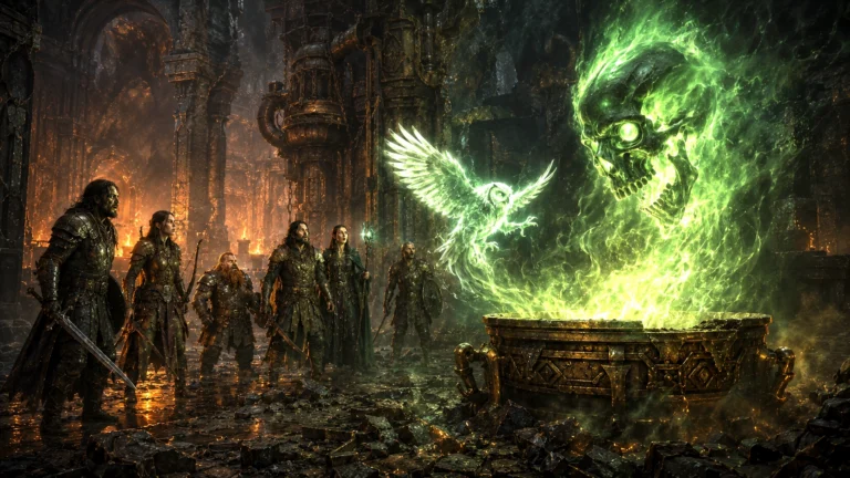 A Flameskull rises from a brazier in Wave Echo Cave as a spectral owl reaches toward it while a party of adventurers watches in surprise.
